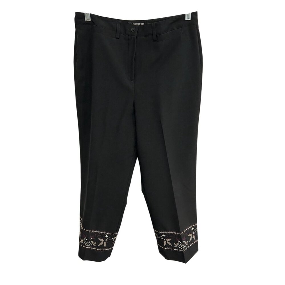 Larry Levine Womens Black Embroidered Hem Stretch Pants Size 10